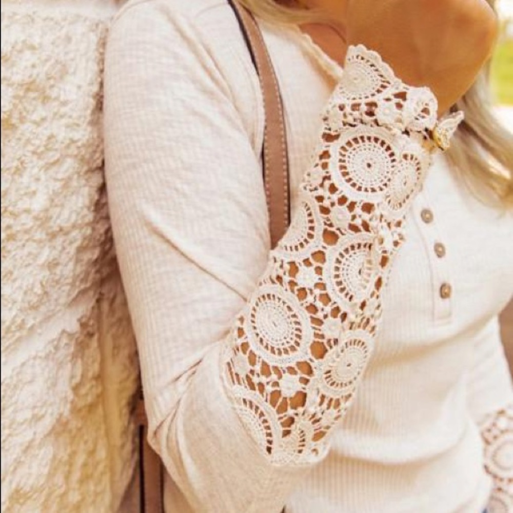 Oatmeal Ribbed Long Sleeve Top Button Crochet